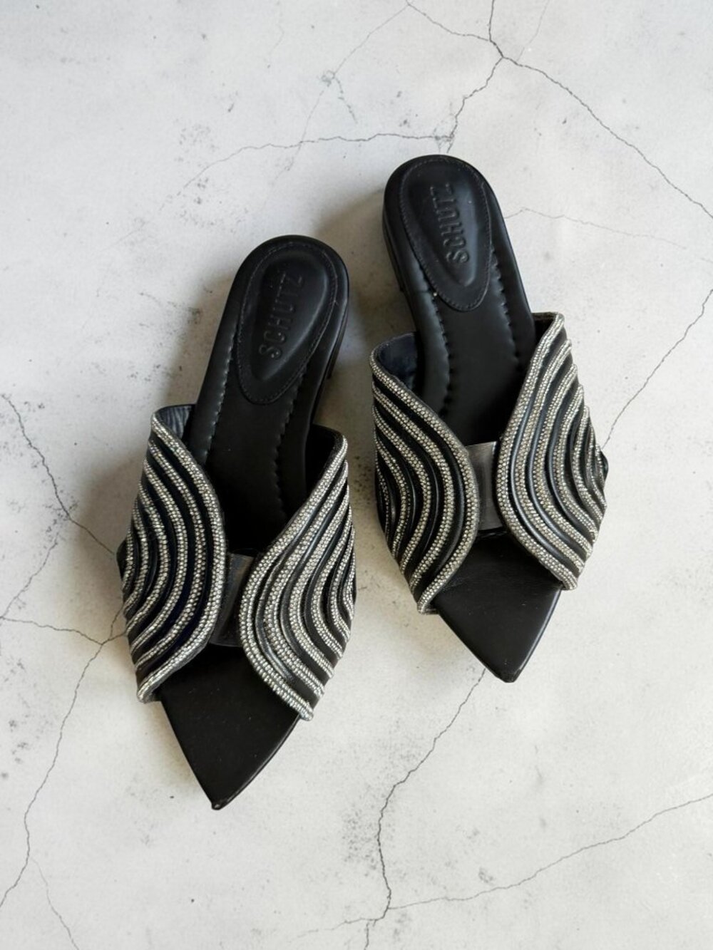 SCHUTZ Black Silver Rhinestone Sandals Size 37 / US 7